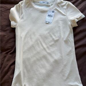 Mango Cream Ribbed Short Sleeve Crew Tee with White Trim